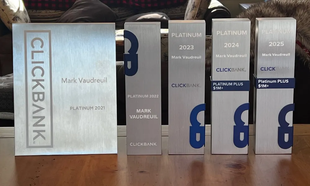Five ClickBank Platinum awards 2021–2025 — Mark Vaudreuil